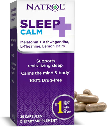 Natrol Sleep+ Calm Melatonin 6mg With Ashwagandha, L-Theanine and Lemon Balm, Dietary Supplement for Restful Sleep and Calm the Mind, 30 Capsules, 30 Day Supply