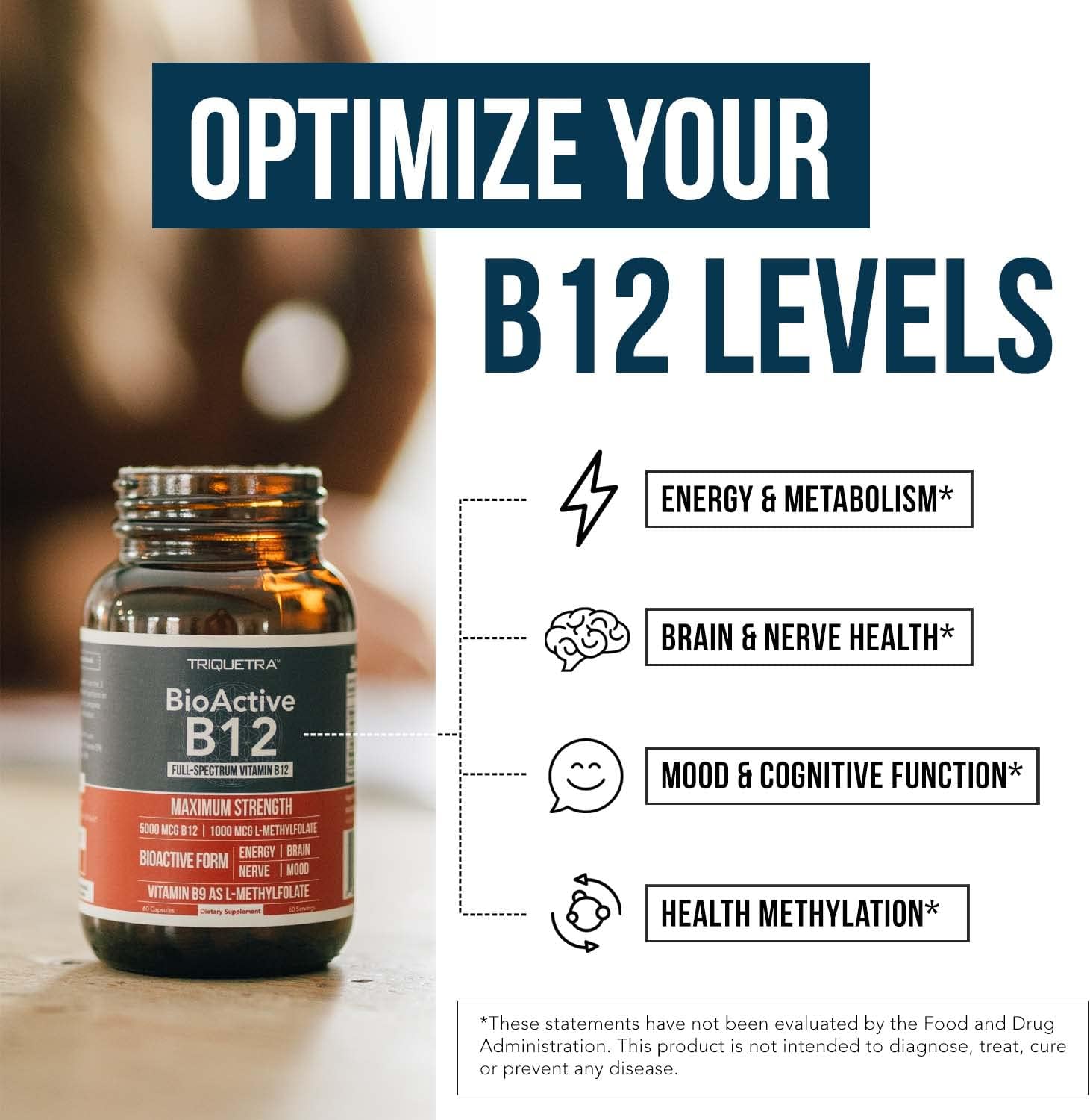 BioActive Vitamin B12 - 5000 mcg, Contains 3 BioActive B12 Forms Plus Methylfolate Cofactor - Methyl B12, Adenosyl B12 & Hydroxy B12 | Supports Energy, Metabolism & Mood | Vegan, Non-GMO (60 Servings) : Health & Household