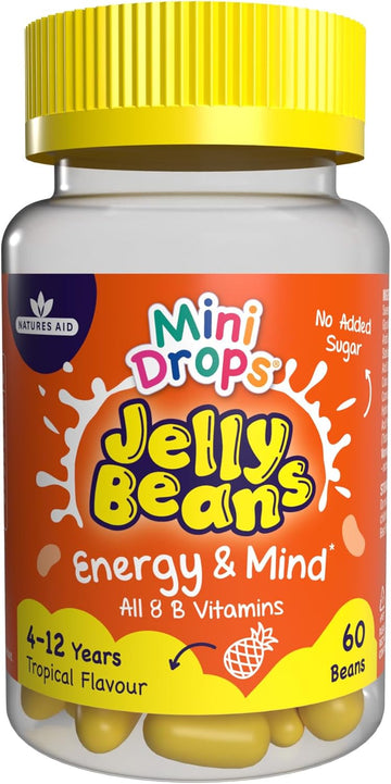 Mini Drops Jelly Beans Energy & Mind - 8 B Vitamins Including B12 To Support Energy, Mental And Reduce Tiredness - Tropical, No Added Sugar Gluten Free - 60 Beans For Children Ages 4-12 By Natures Aid