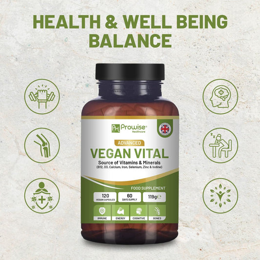 Vegan Vital Multivitamins And Minerals | 120 Vegan Multivitamin Capsule | Calcium, Vitamin B12, Vitamin B2, Vitamin D3, Selenium, Iodine, Zinc & Iron | By Prowise Healthcare