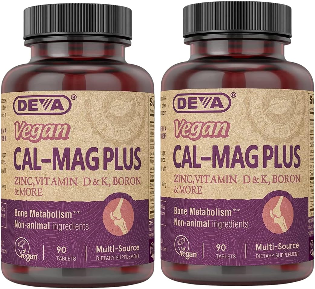 Deva Vegan Calcium Magnesium Supplement Plus, Zinc, Vitamin C, Vitamin D, Vitamin K, Boron, Sugar Free & Gluten Free, 90-Tablets, 2-Pack