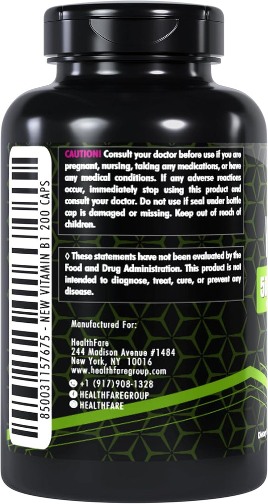 Vitamin B1 500Mg | 200 Veg Capsules | Thiamine Supplement | Supports Overall Health | Non-Gmo | Gluten-Free