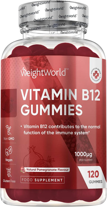 Vitamin B12 Gummies - 120 Gummies - 4 Months Supply - 1000Mcg - 1 Per Day - Vegan & Gluten-Free - Tasty, Natural Pomegranate Flavour - Bioavailable Methylcobalamin Form - B12 Vitamin Supplement