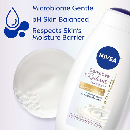 Nivea Sensitive and Radiant Body Wash with Nourishing Serum, Provitamin B5 and Pearl Extract, 3 Pack of 20 Fl Oz Bottles