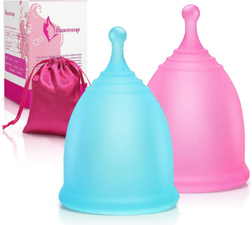 Menstrual Cup; Reusable Medical-Grade Silicone Menstrual Cups Set of 2; Soft Tampon and Pad Alternative Period Cups for Light Flow (Small, Pink & Blue)