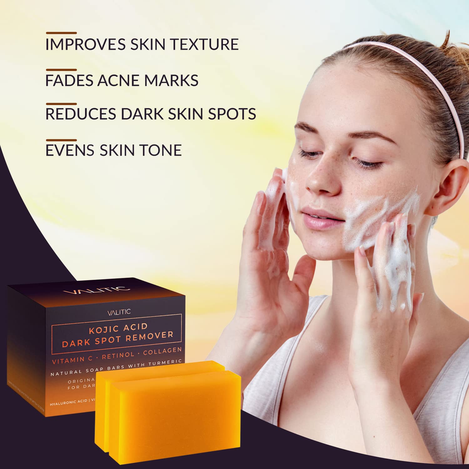 VALITIC Kojic Acid Dark Spot Remover Soap Bars with Vitamin C, Retinol, Collagen, Turmeric - Original Japanese Complex Infused with Hyaluronic Acid, Vitamin E, Shea Butter, Castile Olive Oil (2 Pack) : Beauty & Personal Care