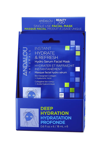 Andalou Naturals, Deep Hydration, Instant Hydrate & Refresh Sheet Mask, Single Face Mask, 0.6 oz each, 6 Count (Pack of 1)