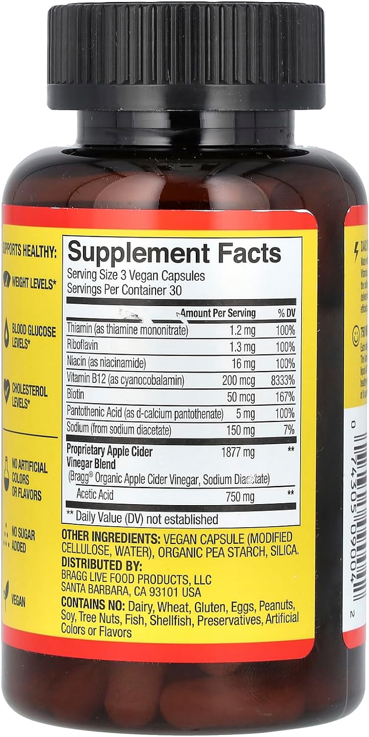 Bragg Apple Cider Vinegar True Energy Capsules – 6 B Vitamins – Caffeine Free - 750mg of Acetic Acid – Weight Management - Non-GMO, Vegan, Gluten Free, No Sugar - (90 Pills) (1) : Health & Household