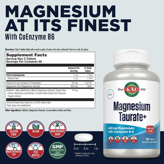 Kal Magnesium Taurate 400Mg Plus Vitamin B6, Chelated Magnesium Supplement, High Absorption Magnesium Complex, Muscle And Heart Health Support, Vegan, Gluten Free, 60-Day Guarantee, 60 Serv, 120 Tabs