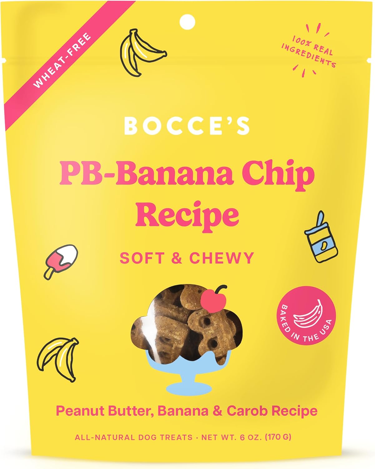Bocce'S Bakery Pb Banana Chip Recipe Treats For Dogs, Wheat-Free Everyday Dog Treats, Real Ingredients, Baked In The Usa, All-Natural Soft & Chewy Cookies, Peanut Butter, Bananas, & Carob, 6 Oz