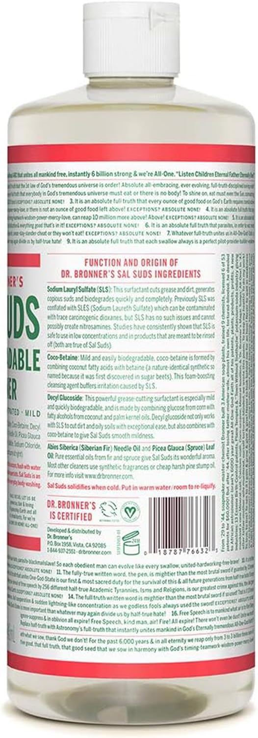 Dr. Bronner's - Sal Suds Biodegradable Cleaner (32 Ounce) - All-Purpose Cleaner, Pine Cleaner for Floors, Laundry and Dishes, Cuts Grease and Dirt