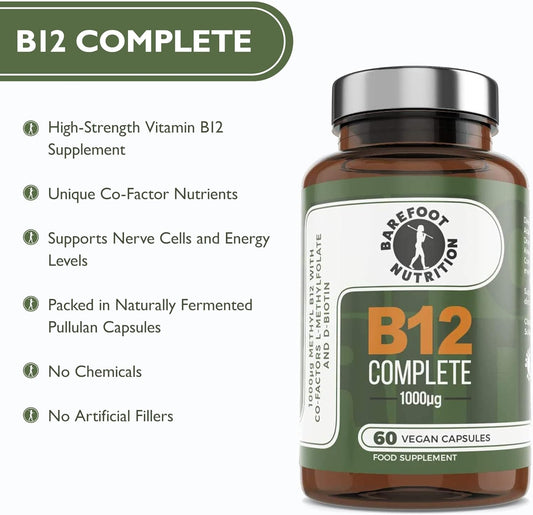 Barefoot Nutrition - B12 Complete, High Strength Supplement, Methylated B 12 (1000µg) - With Cofactors Methyl Folate (400µg) & D-Biotin (400µg) - 60 X 1 A Day Vegan-Friendly Capsules