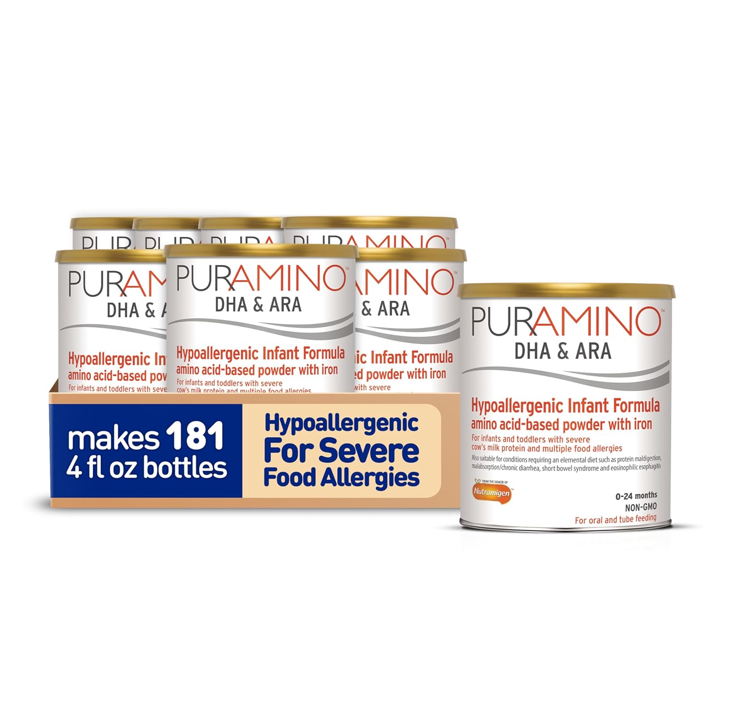 Puramino Hypoallergenic Infant Drink, For Severe Food Allergies, Omega-3 Dha, Iron, Immune Support, Powder Can, 14.1 Oz (4 Count) (Pack Of 2)