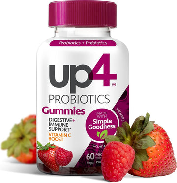 up4 Probiotic Gummies for Men and Women, Digestive and Immune Support with Prebiotics and Vitamin C, Gluten Free, Gelatin Free, Vegan, Non-GMO, 60 Count