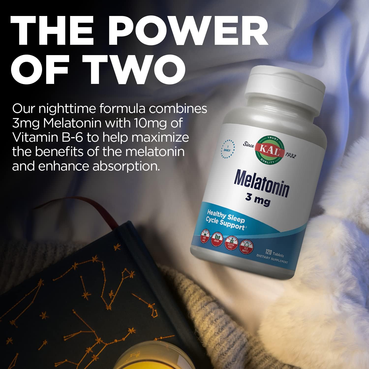 KAL Melatonin 3mg Sleep Aid, Fast Dissolve Melatonin Tablets, Calming Relaxation and Healthy Sleep Cycle Support, with Added Vitamin B6, Vegan, Gluten Free, Non-GMO, 120 Servings, 120 ActivTabs : Health & Household