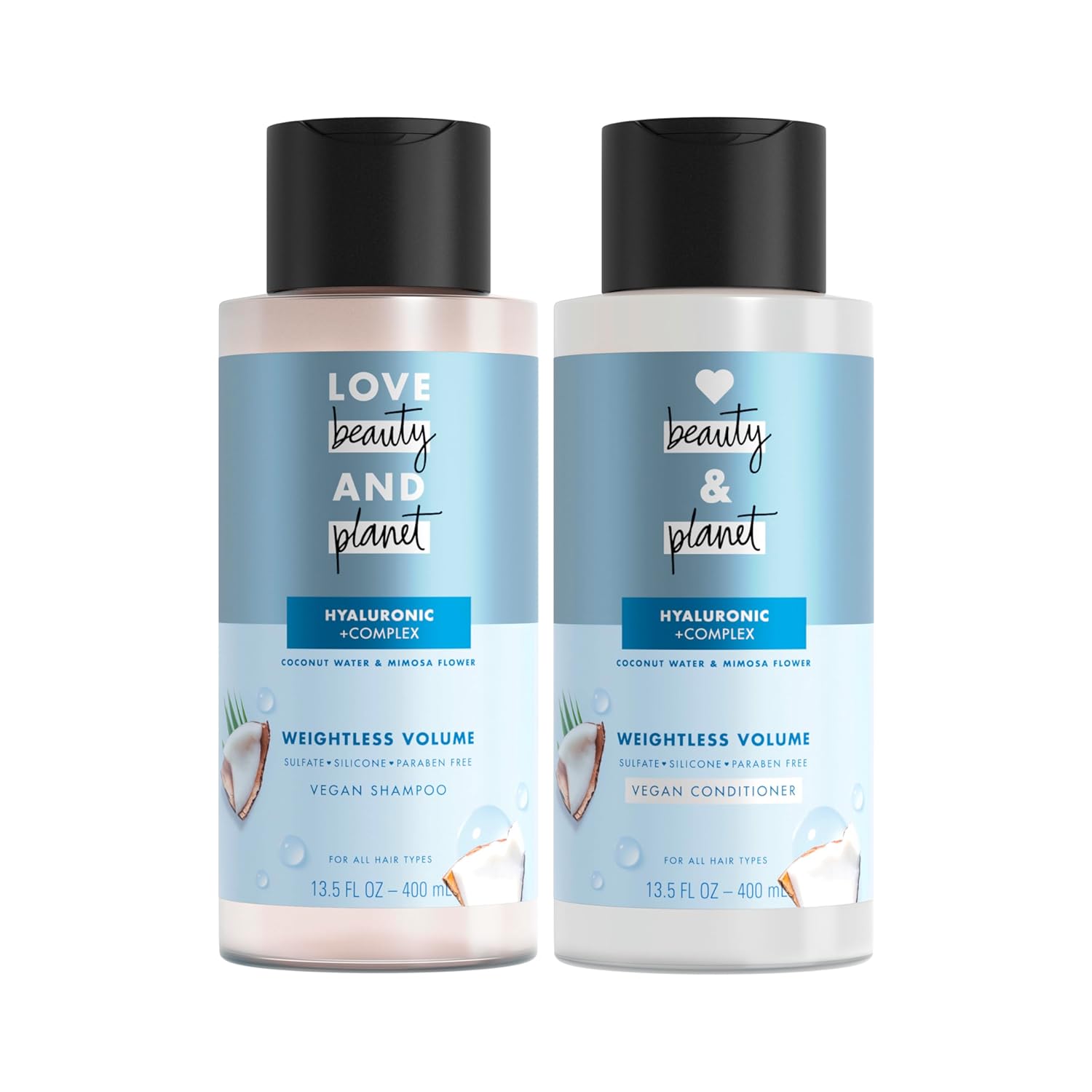 Love Beauty And Planet Volume And Bounty Thickening Coconut Water & Mimosa Flower Shampoo And Conditioner, 2 Count Paraben Free, Silicone Free, And Vegan 13.5 Oz