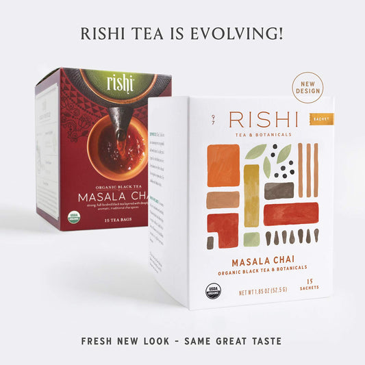 Rishi Tea Masala Chai Herbal Tea - Immune Support, Usda Certified Organic, Highly Caffeinated, Naturally Spiced, Black Tea Blend - 15 Sachet Bags, 1.85 Oz (Pack Of 2)