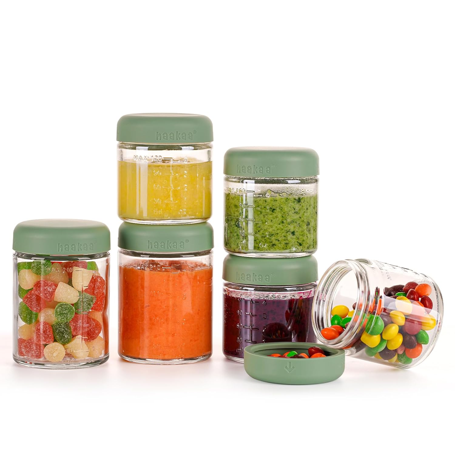 Haakaa Reusable Glass Baby Food Storage Jars with Silicone Lids – 6pc 4 x 4oz + 2 x 7oz, Premium Lab-Quality Borosilicate Glass, Plastic-Free, Freezer, Microwave & Ovensafe