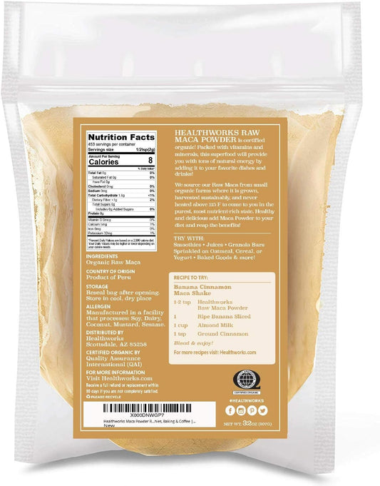 Healthworks Maca Powder Raw (32 Ounces / 2 Pounds) | Certified Organic Flour Use | Keto, Vegan & Non-GMO | Premium Peruvian Origin | Breakfast, Smoothies, Baking & Coffee