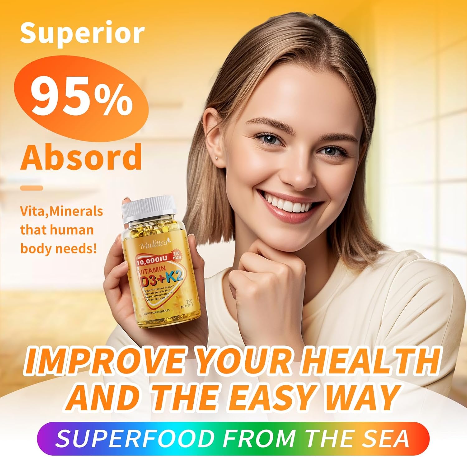 Plant-Based D3 K2 Vitamin 10000 Iu W/Virgin Coconut Mct Oil - 200 Mcg Mk7 Vitamin K2, Non-Gmo For Ultimate Absorption - Bone, Immune & Heart Health - Easy To Swallow D & K Supplement - 250 Softgels