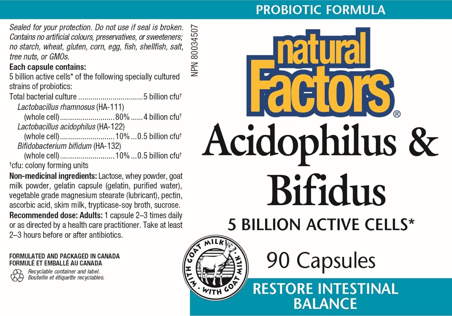 Natural Factors, Acidophilus Bif Goat Milk, 90 Tablets