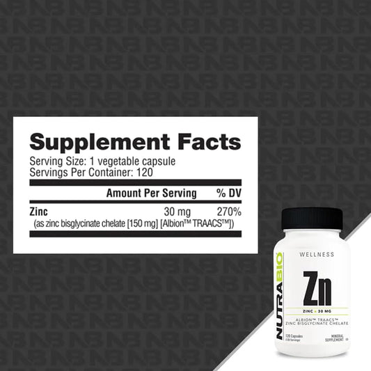 NutraBio Zinc Chelate Mineral Supplement - for Proper Growth, Development, and Immune Health - 30mg of Zinc per Vegetarian Capsules - 120 Servings