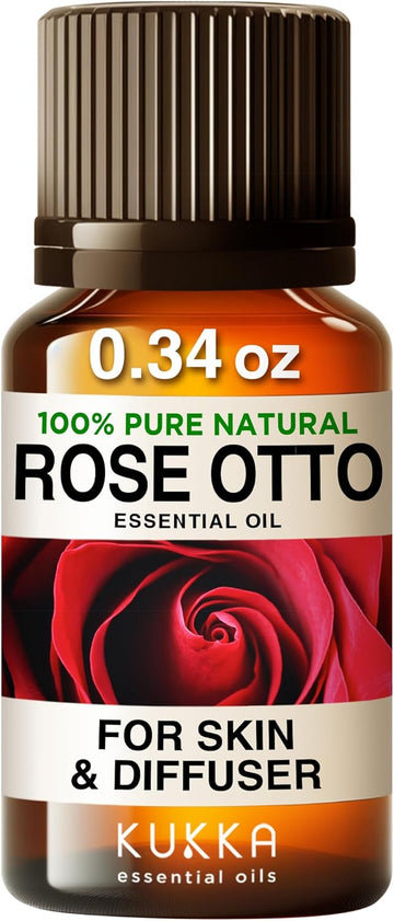 Kukka Rose Essential Oil - 100% Pure Natural Rose Oil For Skin Hair Diffuser & Soap Making Scent - Premium Quality Rose Otto Oil That Smells Like Fresh Roses (0.34 Fl Oz)