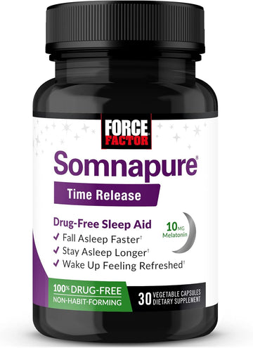 Force Factor Somnapure Time Release Drug-Free Sleep Aid for Adults with Melatonin 10mg and Valerian Root, Extended Release Sleeping Pills, Fall Asleep Calm at Night, Wake Up Refreshed, 30 Capsules