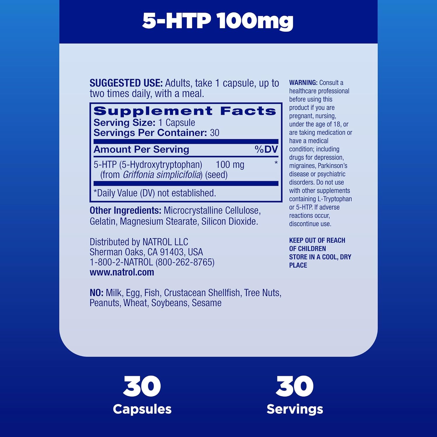 Natrol Mood + Stress 5-HTP 100 mg, Dietary Supplement for a Balanced Mood, Capsules for Adults, 30 Capsules, Up to a 30 Day Supply : Health & Household