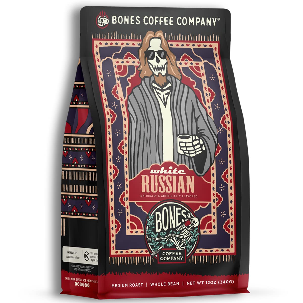 Bones Coffee Company White Russian Flavored Ground Coffee Beans | 12 oz Gourmet Flavored Coffee Gifts Cream & Cocktail | Medium Roast Low Acid Coffee (Ground)