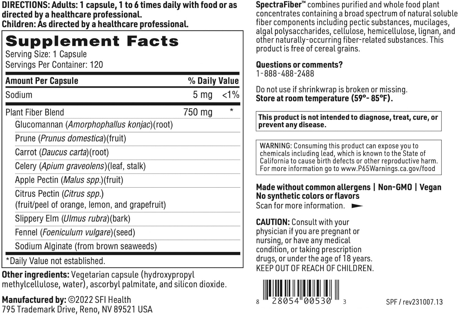 Klaire Labs Spectrafiber - Hypoallergenic 9 Soluble Fiber Blend with Apple Pectin & Glucomannan, No Psyllium & Gluten-Free (120 Capsules) : Health & Household