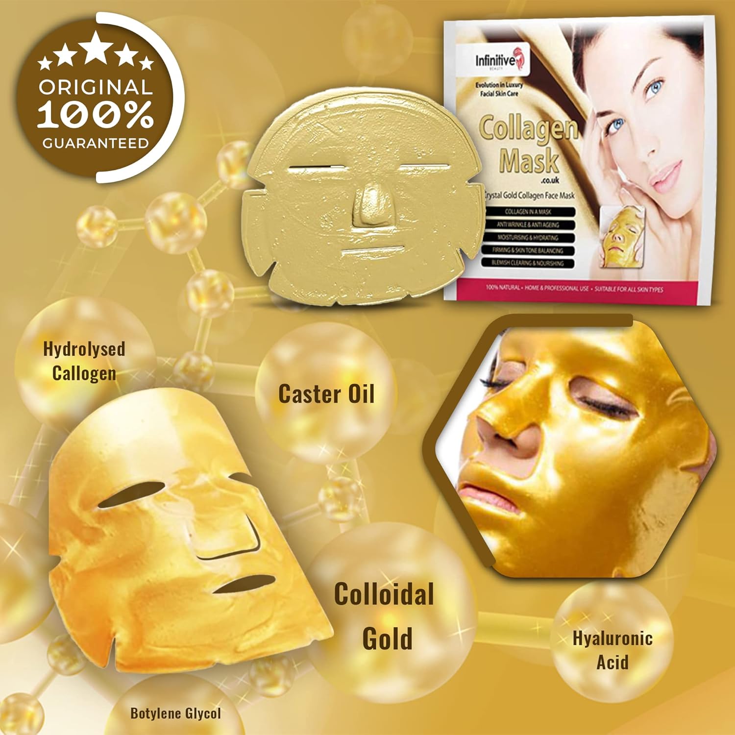 5 x New Infinitive Beauty Crystal 24K Gold Powder Gel Collagen Face Mask Masks, Anti Ageing, Skincare, Anti Wrinkle, Moisturising, Uplifting, Remove Blemishes & Blackheads : Amazon.co.uk: Beauty