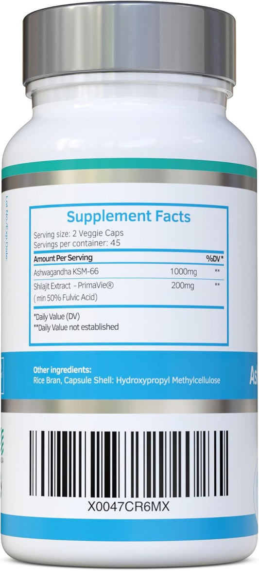 Ashwagandha & Shilajit - Ashwagandha Ksm-66 1000Mg & Purified Shilajit Extract 200Mg (50% Fulvic Acid) - No Artificial Fillers, Binders Or Flow Agents - Suitable For Vegans
