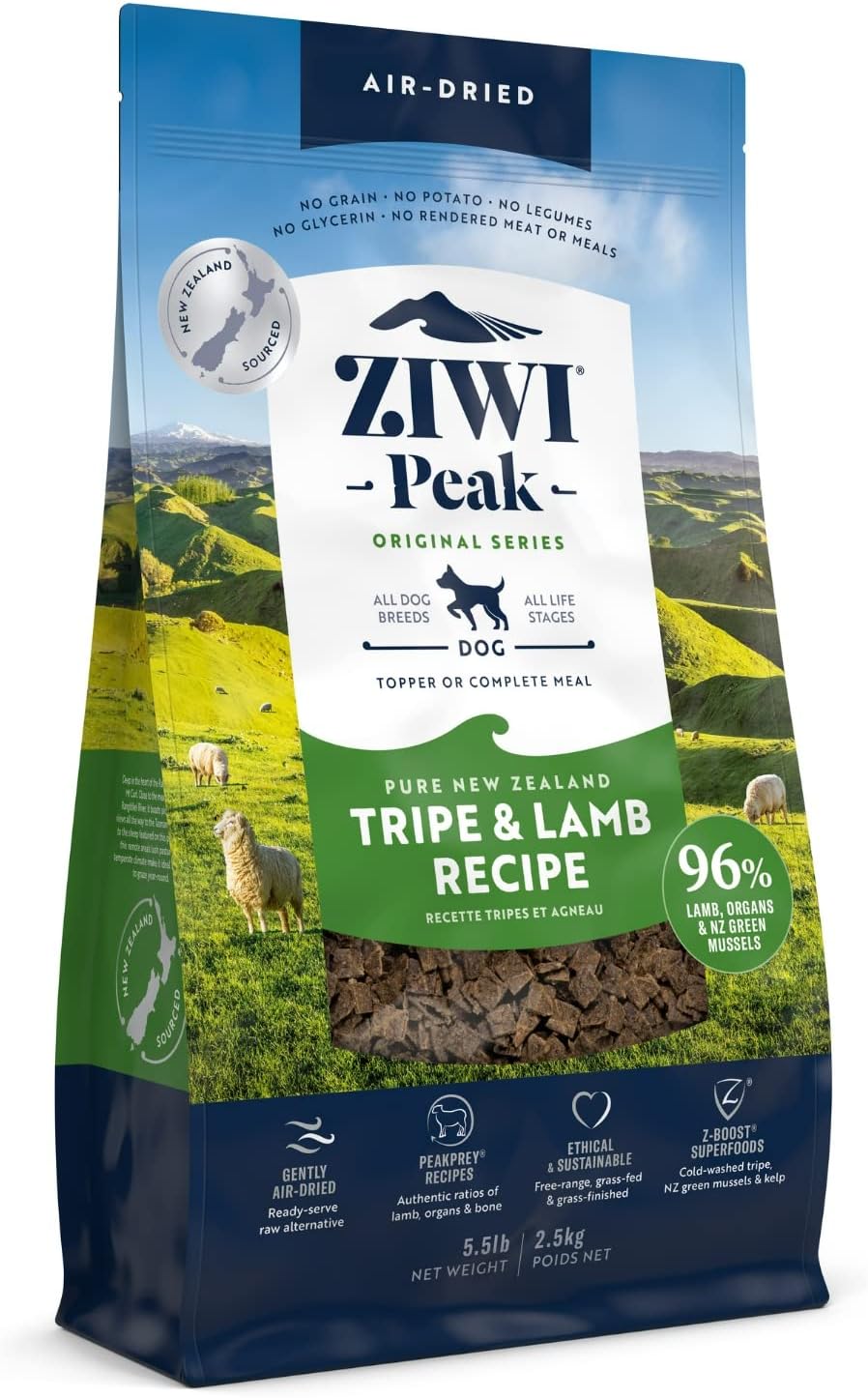 ZIWI Peak Air-Dried Dog Food – All Natural, High Protein, Grain Free & Limited Ingredient with Superfoods (Tripe & Lamb, 5.5 lb)