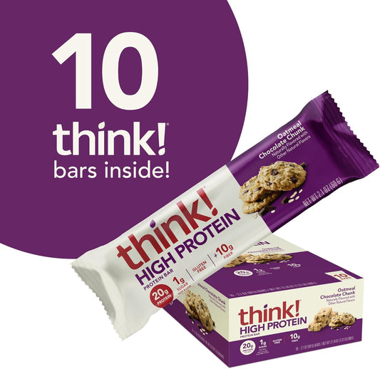 Think! Protein Bars, High Protein Snacks, Gluten Free, Kosher Friendly, Oatmeal Chocolate Chunk, 10 Count