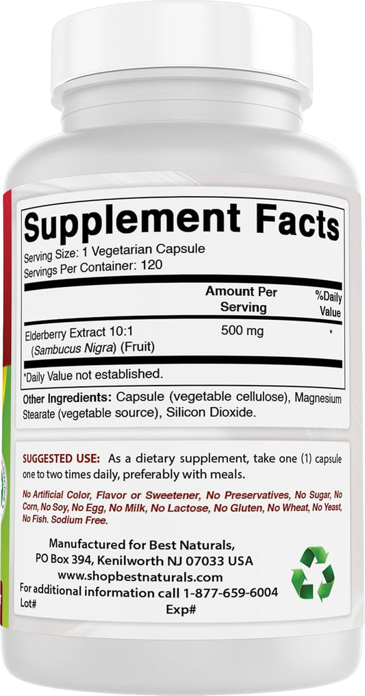 Best Naturals Elderberry Sambucus Nigra Extract 10:1 500 Mg 120 Veg Capsules
