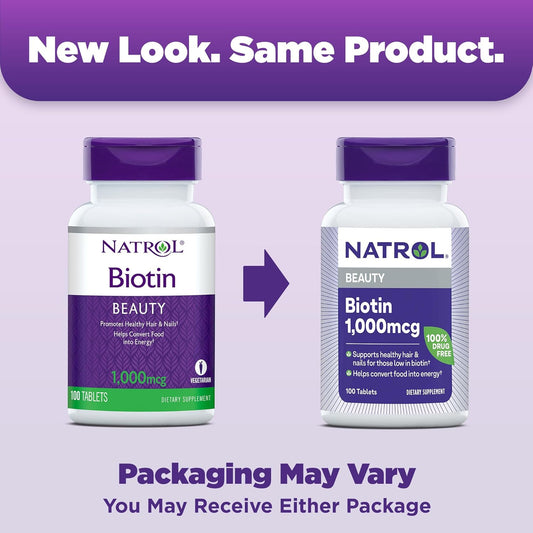 Natrol Beauty Biotin 1000mcg, Dietary Supplement for Healthy Hair, Skin, Nails and Energy Metabolism, 100 Tablets, 100 Day Supply