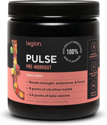 LEGION Pulse Pre Workout Supplement - All Natural Nitric Oxide Preworkout Drink to Boost Energy, Creatine Free, Naturally Sweetened, Beta Alanine, Citrulline, Alpha GPC (Sour Candy)