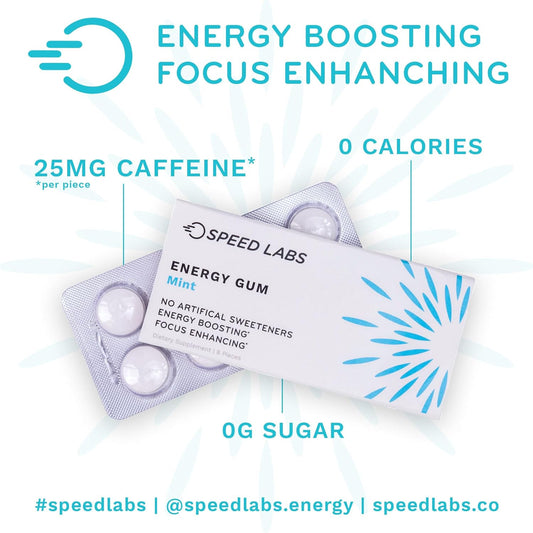 Mint Natural Caffeine Energy Gum 25Mg Caffeine, Taurine, B Vitamins Per Piece, 48 Pieces (6 Packs Of 8) Sugar Free, Zero Calories, Naturally Sweetened, Gluten Free