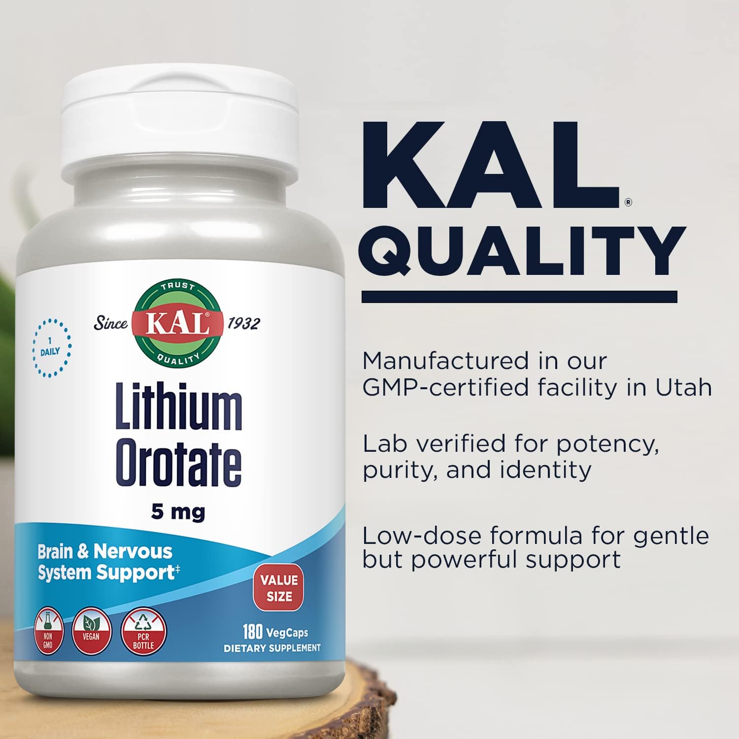 KAL Lithium Orotate 5mg, Low Dose Lithium Supplement for Brain, Nervou