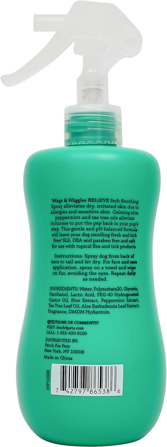 Wags & Wiggles Relieve Anti-Itch Spray for Dogs | Waterless Dry Shampoo for Dogs with Dry, Itchy, Or Sensitive Skin | Kiwi Scent Your Dog Will Love, Anti-Itch Spray - Kiwi, 12 Ounces - 4 Pack : Everything Else