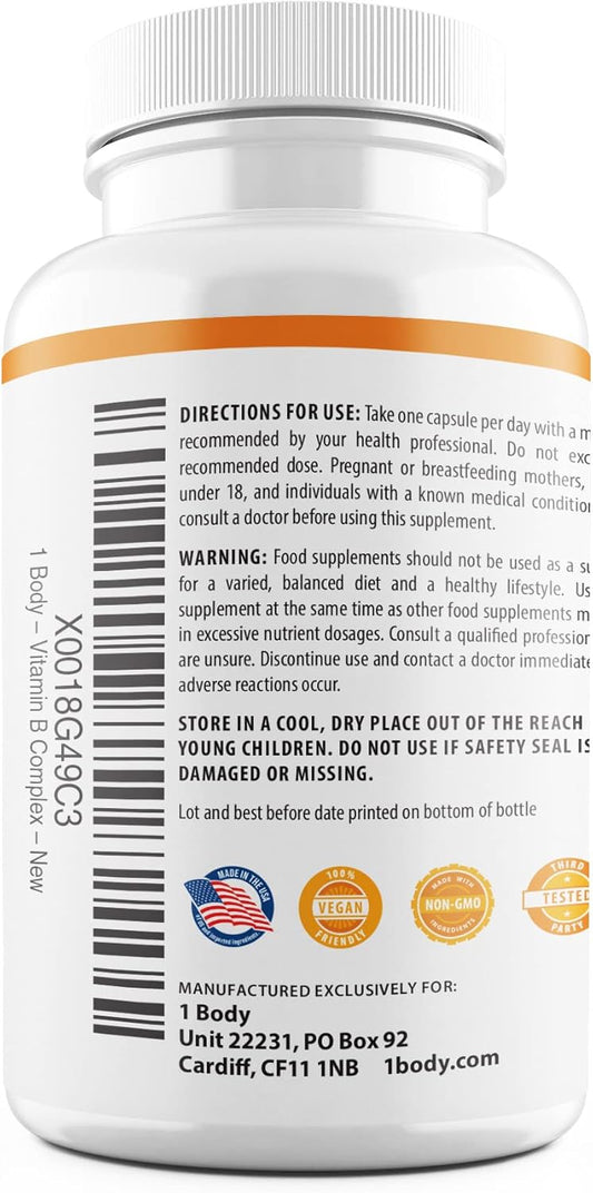 1 Body Vitamin B Complex Supplement, Methylated B12 And Folate, 8 B Vitamins For Stress, Heart And Brain Support