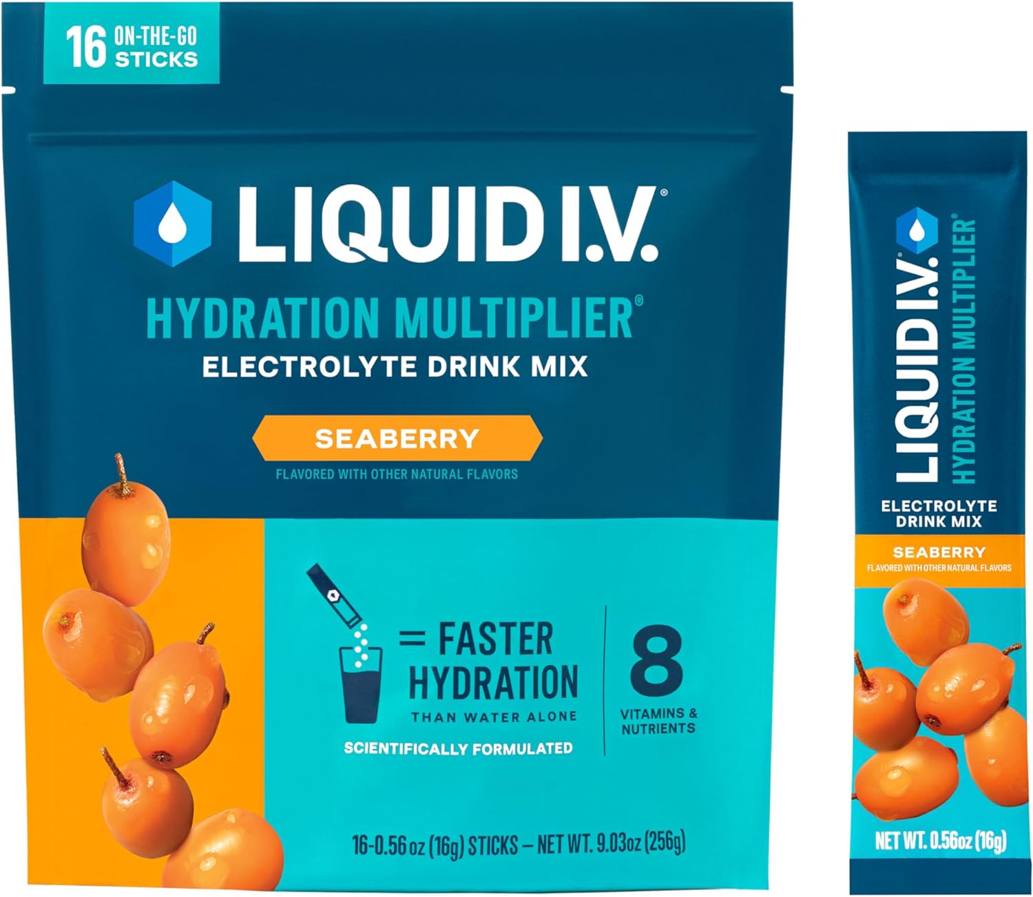 Liquid I.V.® Hydration Multiplier® - Seaberry - Hydration Powder Packets | Electrolyte Powder Drink Mix | Convenient Single-Serving Sticks | Non-Gmo | 16 Servings (Pack Of 1)
