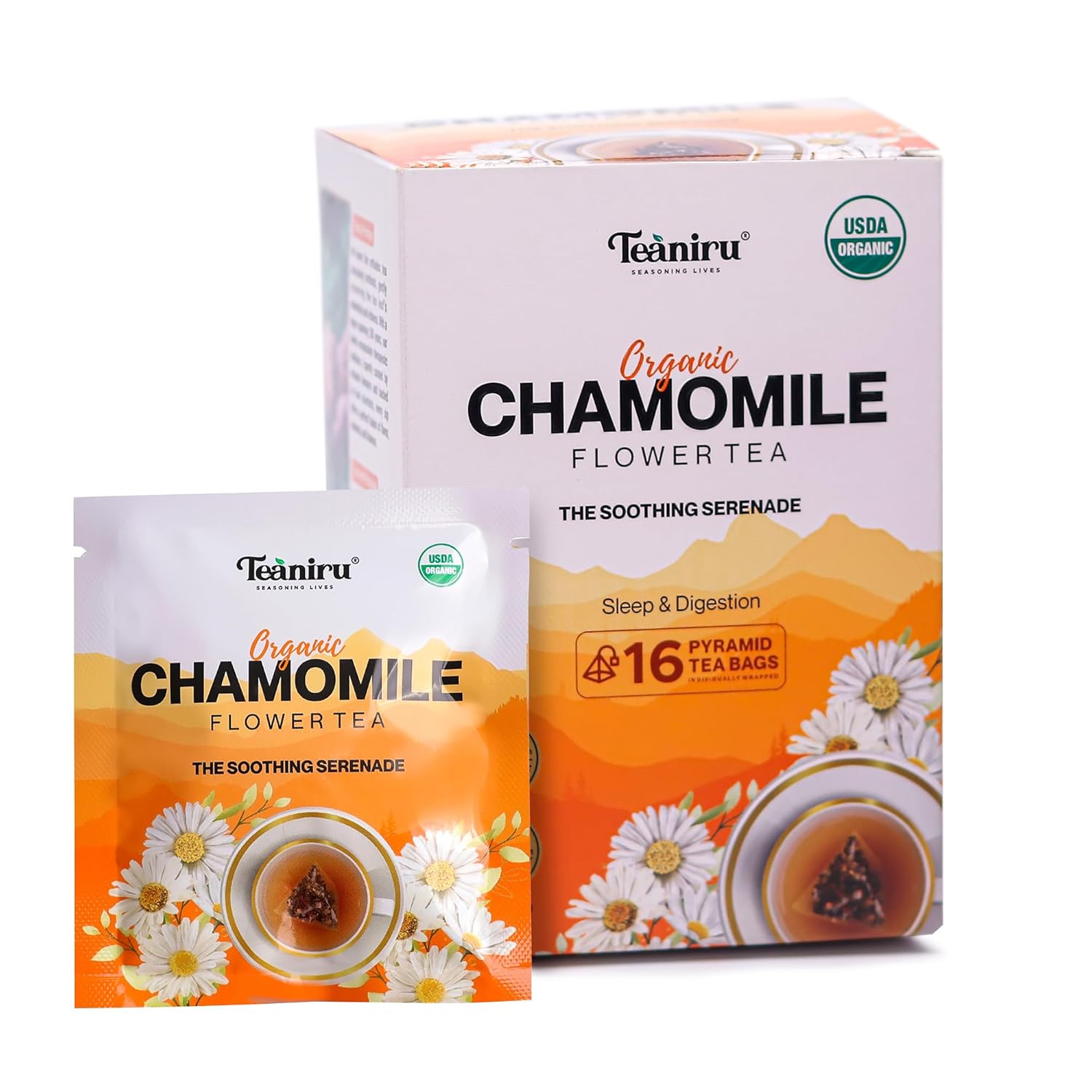 Teaniru, Pure Chamomile Flower Tea - 16 Individual Sachets | For Good Sleep & Healthy Digestion | Rich In Antioxidants & Minerals | Your Superherb Cup For Night Time | Certified By Usda Organic