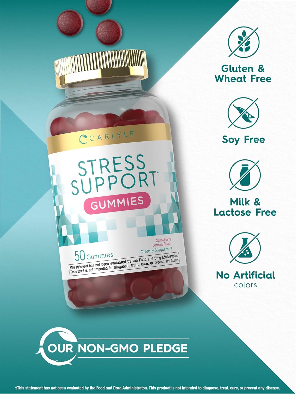 Carlyle Stress Support Gummies | 50 Count | With Gaba And L-Theanine | Strawberry Lemon Flavor | Non-Gmo, Gluten Free Supplement : Health & Household