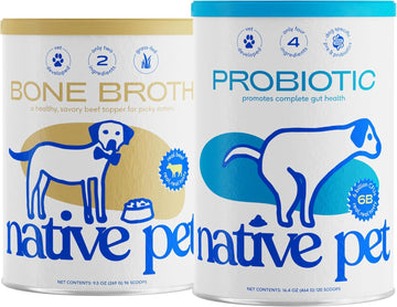 Native Pet Beef Bone Broth For Dogs (9.5 Oz) & Probiotic For Dogs (16.4 Oz.)