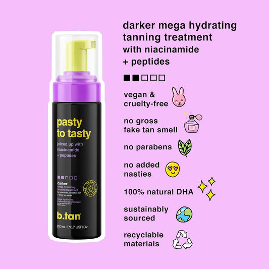 b.tan Darker Self Tanner Mousse | Pasty to Tasty - Mega Hydrating Self Tanning Treatment For Bronzed & Delicious Lookin' Skin, Clean Fake Tan, No Fake Tan Smell, 6.7 Fl Oz