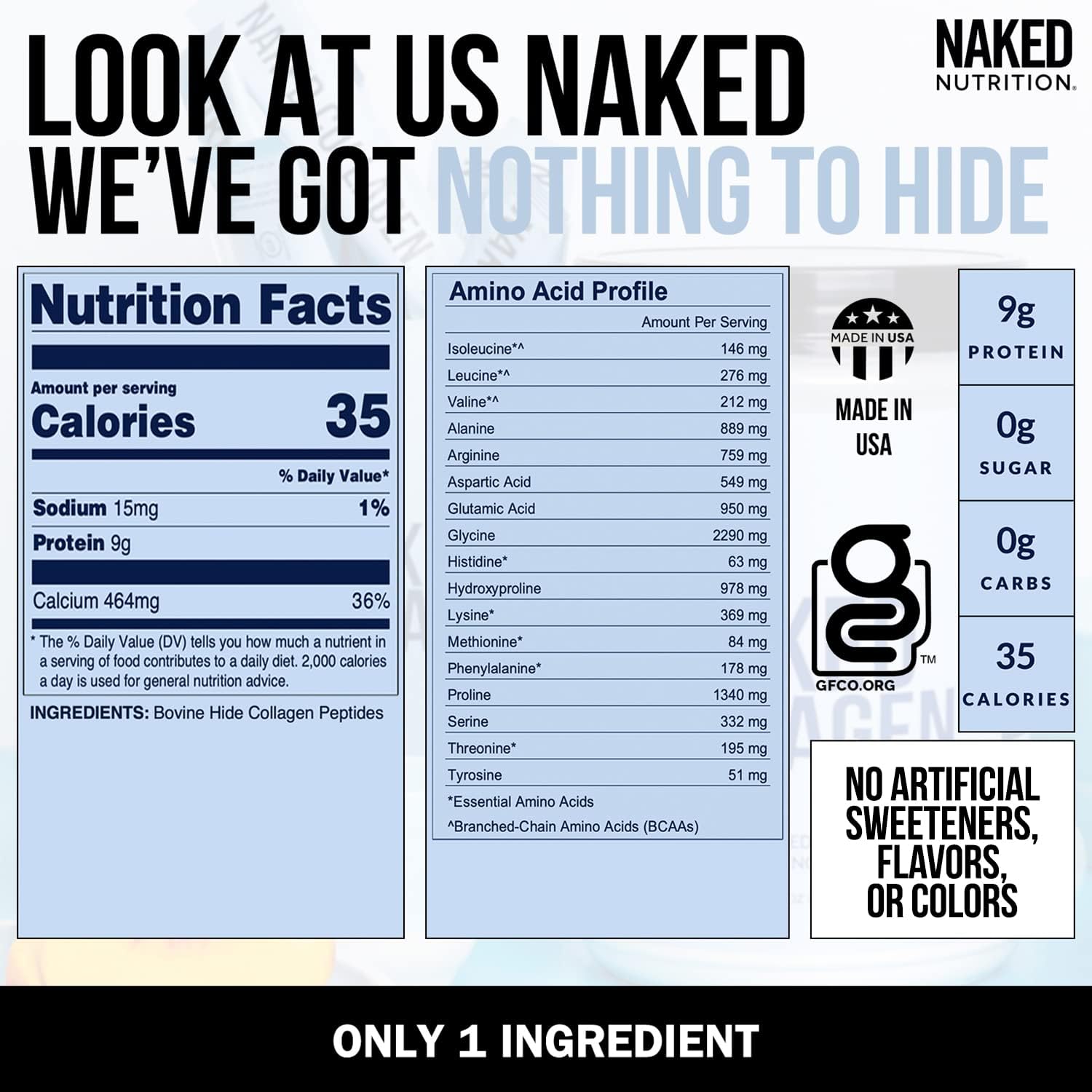 NAKED nutrition Naked Collagen - Collagen Peptides Protein Powder, 60 Servings Pasture-Raised, Grass-Fed Hydrolyzed Collagen Supplement | Paleo Friendly, Non-GMO, Keto, Gluten Free | Unflavored 20Oz : Health & Household