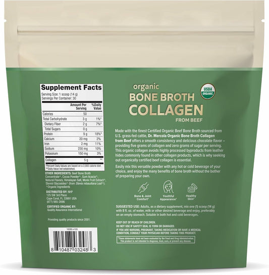 Dr. Mercola Organic Bone Broth Collagen Powder - Supports Bone Health & Muscle Growth - Usda Organic, Non-Gmo, Gluten-Free & Dairy-Free - 30 Servings - Chocolate Flavor