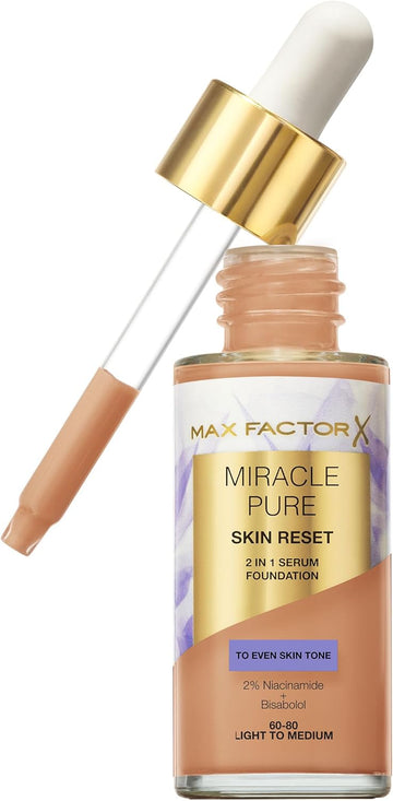 Max Factor Miracle Pure Skin Reset Serum Foundation 85-90 Medium To Deep, 2-In-1 Serum Formula, Healthy Looking Skin, Medium Coverage, Satin Matte Finish, 2% Niacinamide, Dermatologically Tested